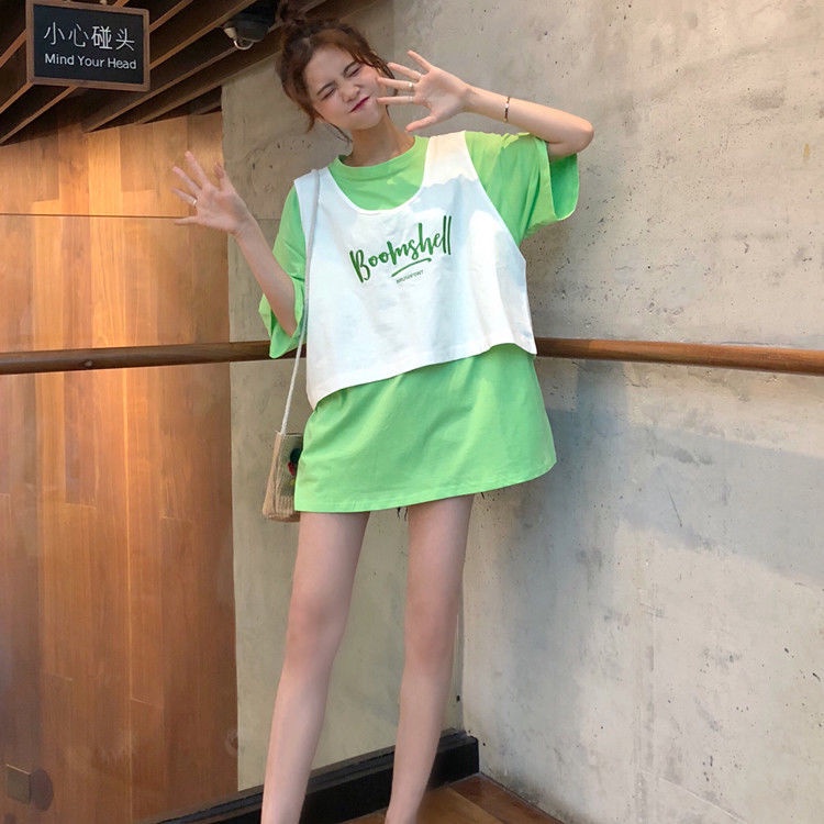 Set Áo Thun Tay Ngắn + Áo Thun Sát Nách Dáng Rộng Thêu Chữ Phong Cách Hàn Quốc Thời Trang Mùa Hè 2022 Cho Nữ