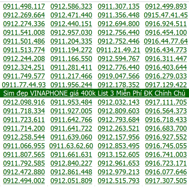 Số đẹp VINA Giá Rẻ 400k List 3 Miễn Phí Đăng ký Chính Chủ Được Hưởng Nhiều Gói Khuyến Mãi Của Vinaphone