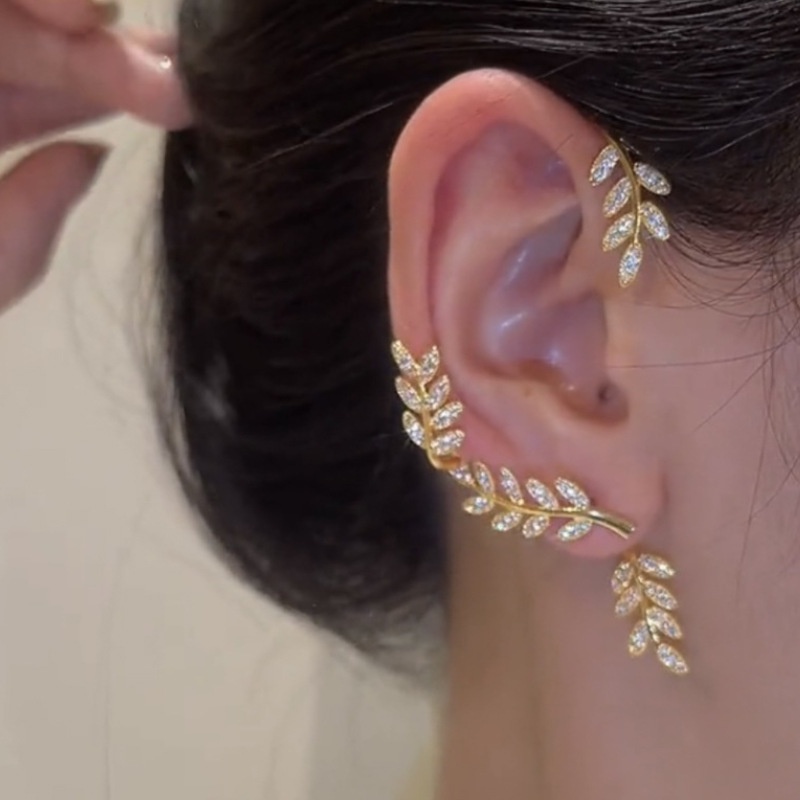 Bông Tai Dáng Dài Đính Đá Zircon Hình Chiếc Lá Thời Trang Cho Nữ