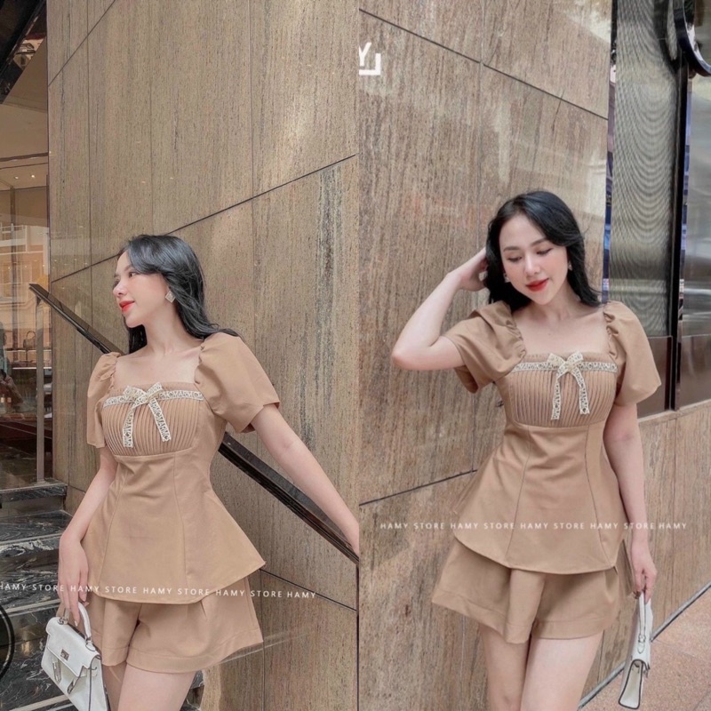 [Shop bigsize nữ 60-90kg] Set áo peplum xếp li ngực + quần short