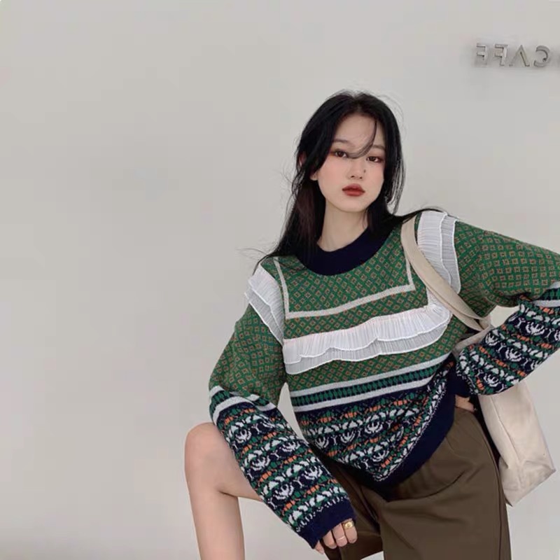 Áo len xanh phối viền ren cao cấp, áo len chui đầu tiểu thư siêu hot 2021 | BigBuy360 - bigbuy360.vn