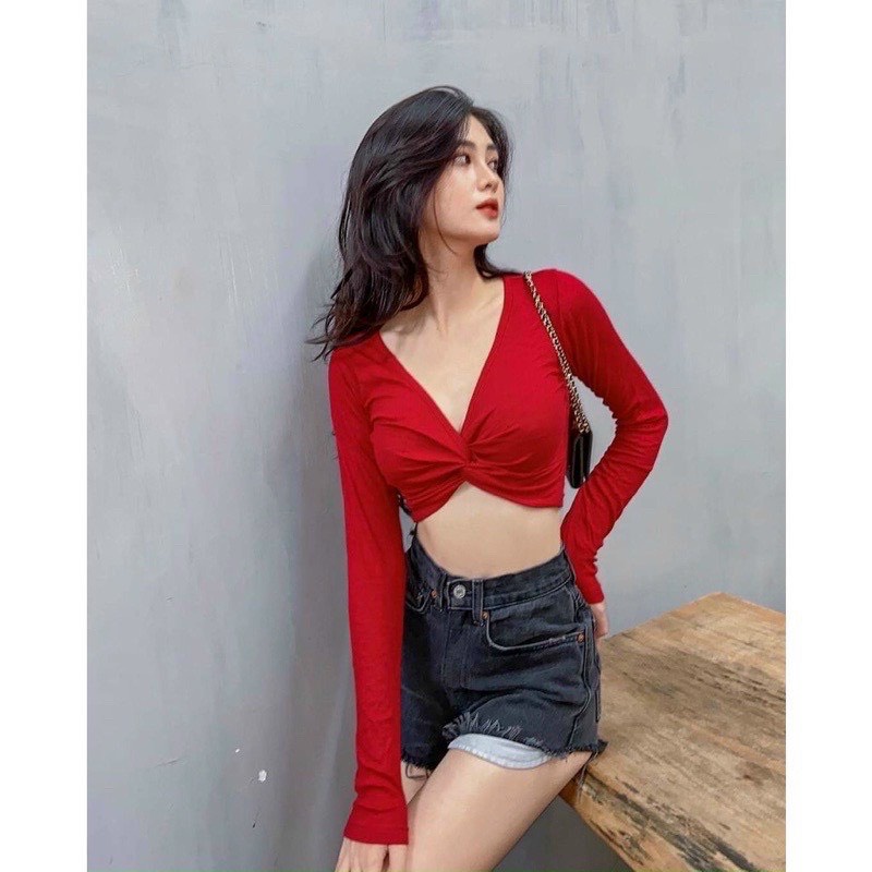 Áo Croptop Cổ V Tay Dài Xoắn Ngực Cổ V Chất Gân Tăm Co Giãn Gợi Cảm - AK0081 | steven