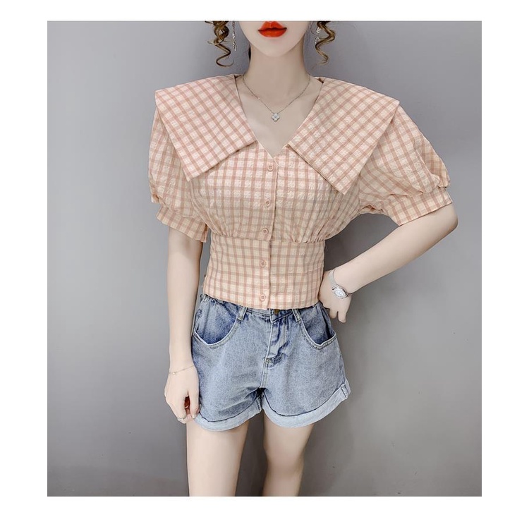 Áo sơ mi tay phồng cổ búp bê họa tiết sọc caro thời trang mùa hè dành cho bạn nữ