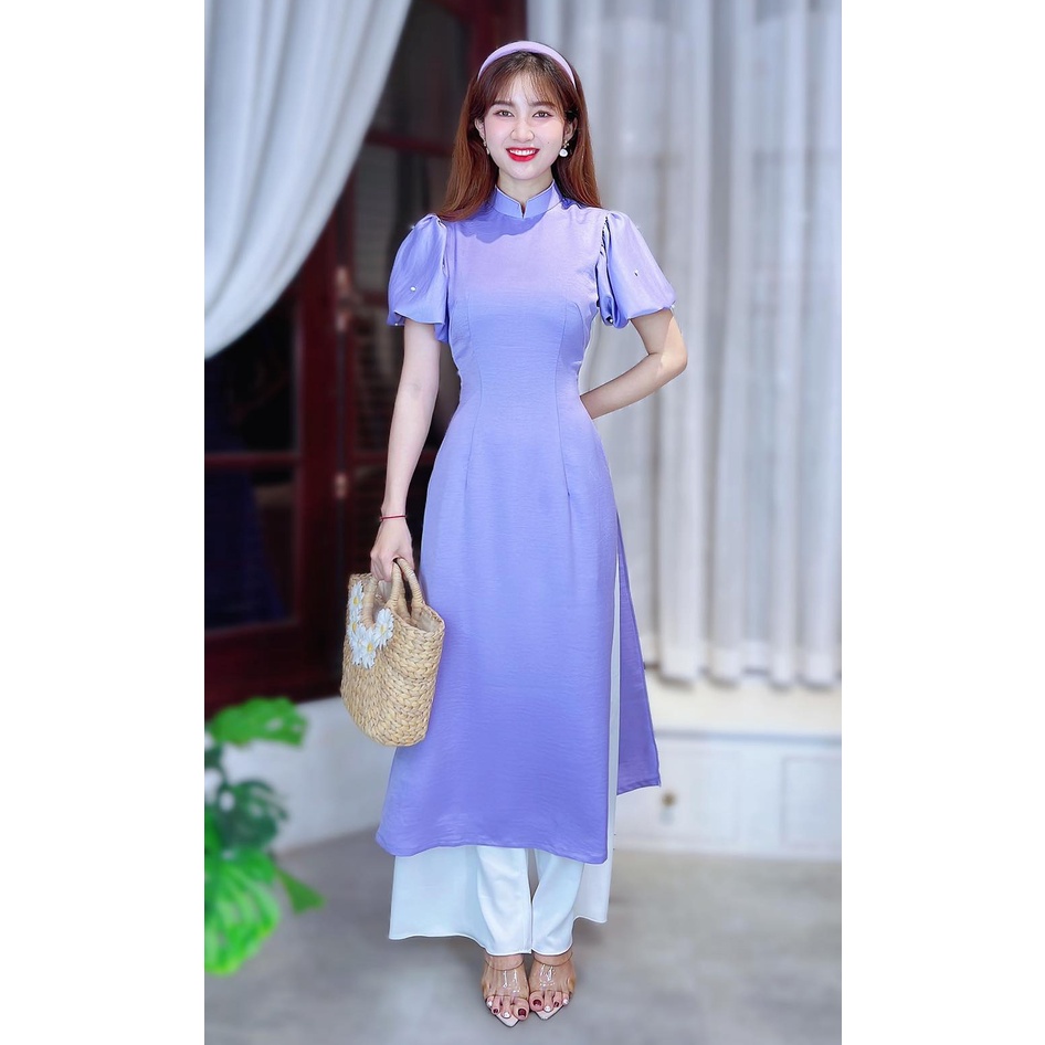 Áo dài cách tân nữ trơn tay phồng dính ngọc sang trọng không kèm quần CHUU AD8001