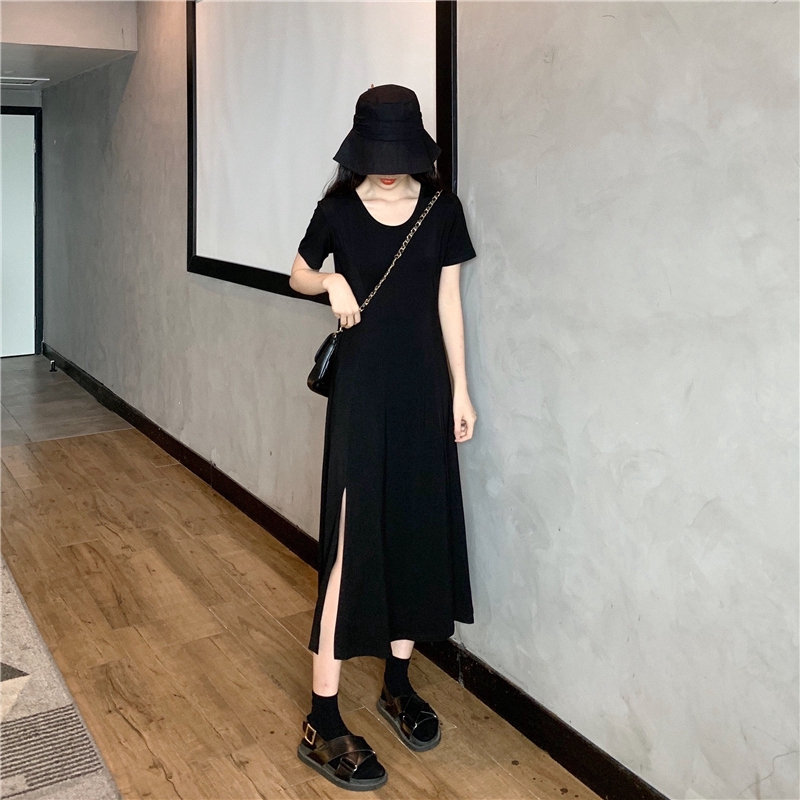 Đầm Thun Màu Trơn Thiết Kế Xẻ Tà Phong Cách Hàn Quốc Cho Nữ