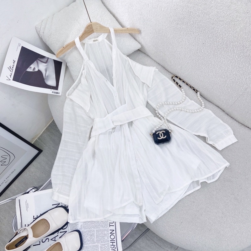 SET SƠ MI TRẮNG KHOÉT VAI DÂY CHÉO EO + SHORT