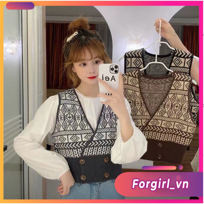 Áo gile phối cúc thổ cẩm cổ V tiểu thư forgirl phong cách Hàn Quốc | BigBuy360 - bigbuy360.vn