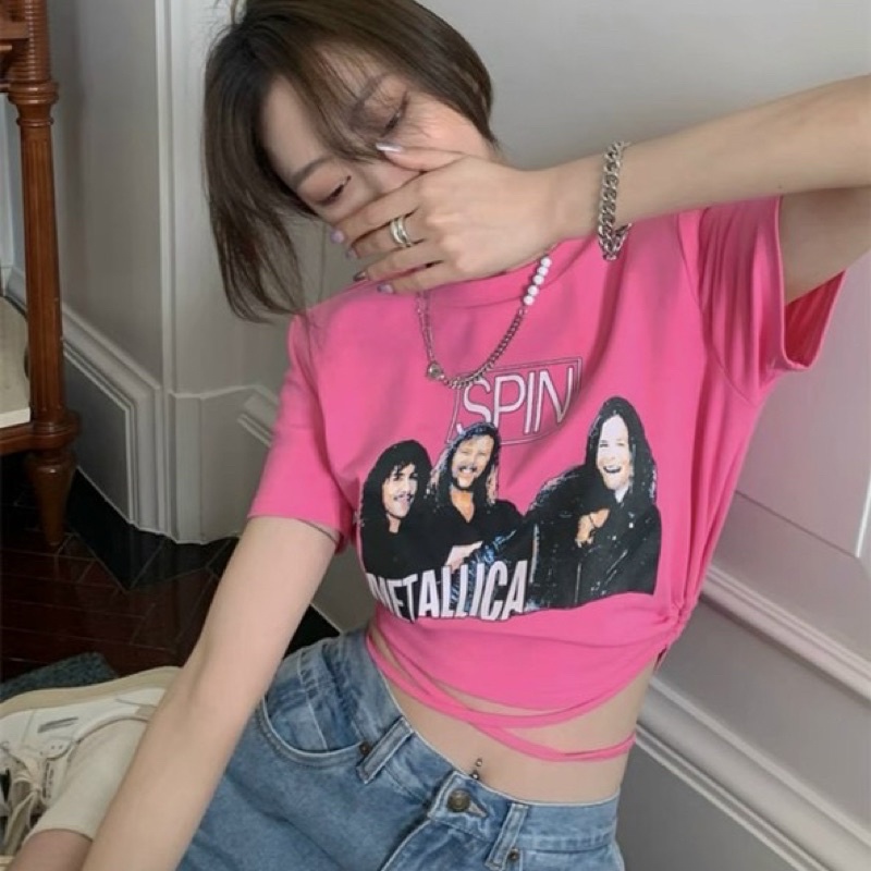 Áo kiểu croptop SPIN CỘT EO GB tay ngắn cổ tròn hình in sexy đơn giản năng động cá tính nữ phong cách hàn quốc alohashop