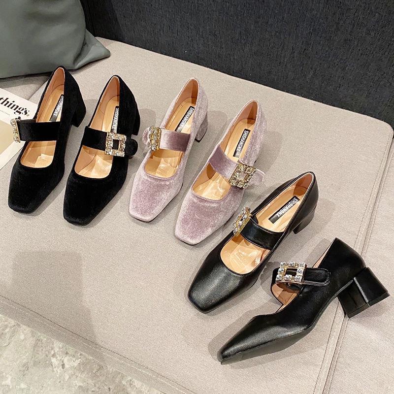 Giày búp bê mũi vuông đính đá sang trọng thời trang thu đông mới 2021 cho nữ