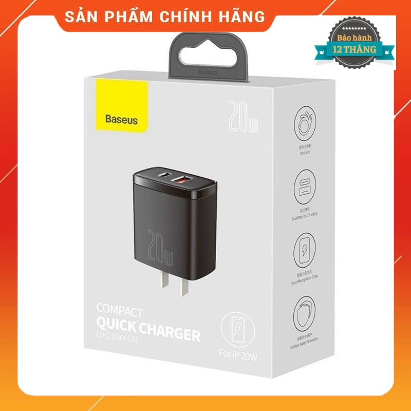 Củ Sạc Nhanh Baseus 20W 2 Cổng Sạc Type C Và USB Hỗ Trợ Công Nghệ Sạc Nhanh PD 3.0 và QC 3.0. Bảo Hành 12 Tháng