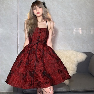 Darlingaga2022 New Year's vintage red texture suspender shaggy skirt women's waist slim backless dress