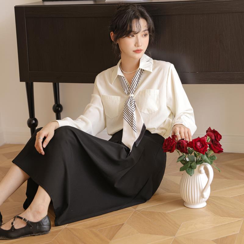 IELGY    Áo Sơ Mi Dài Tay Kèm Khăn Quàng Cổ Lụa Thời Trang Dành Cho Nữ