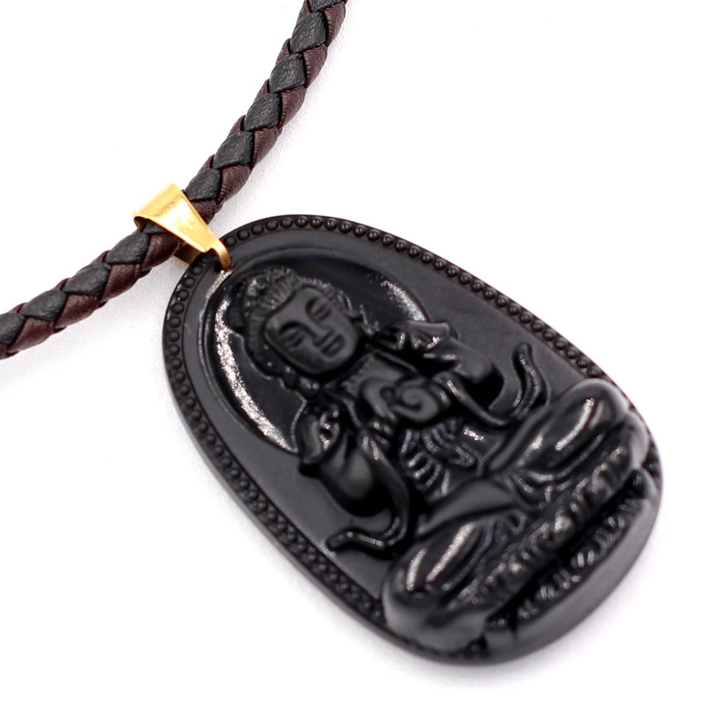 Vòng cổ dây da Phật Đại Nhật như lai - Hộ mệnh tuổi Mùi, Thân - Đá đen 5 cm DDNEBVTAEN5
