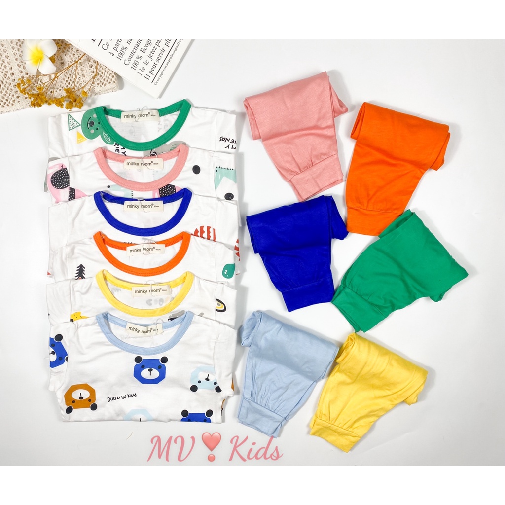 [SALE] Bộ Dài Tay Cho Bé Trai, Bé Gái Minky Mom Vải Thun Lạnh Phối Viền Khủng Long, Đồ Bộ Cho Bé Mặc Thu Đông MKMTD2158