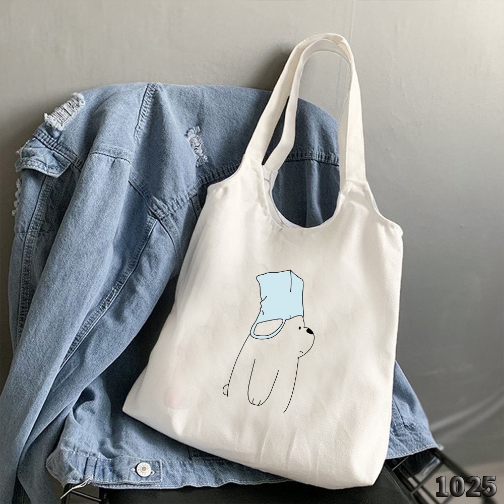 TÚI TOTE TRẮNG CHẤT VẢI CANVAS 512 1025 BEAR NGÁO NGƠ DỄ THƯƠNG HÀNG CHUẨN ĐẸP