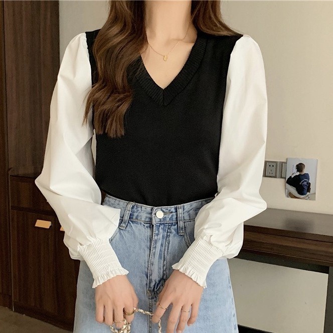 ÁO KIỂU TAY DÀI NỮ CỔ V DÁNG DÀI LEN ĐEN PHỐI TAY TRẮNG TRƠN / SỌC