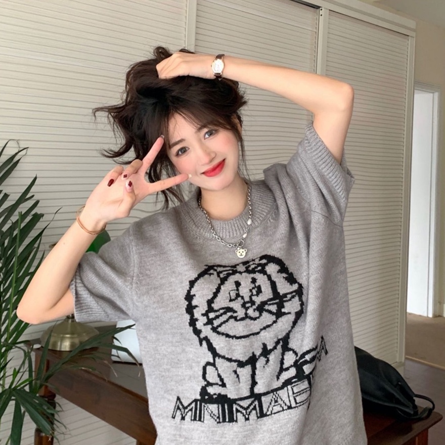 ZHELIHANGFEI Áo len dệt kim thêu ngắn tay áo ngắn tay kiểu dáng rộng rãi đa năng