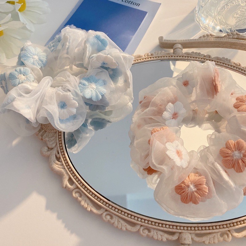 Dây Buộc Tóc Lalila Vải Scrunchies Thêu Hoa Màu Pastel Dễ Thương DC18