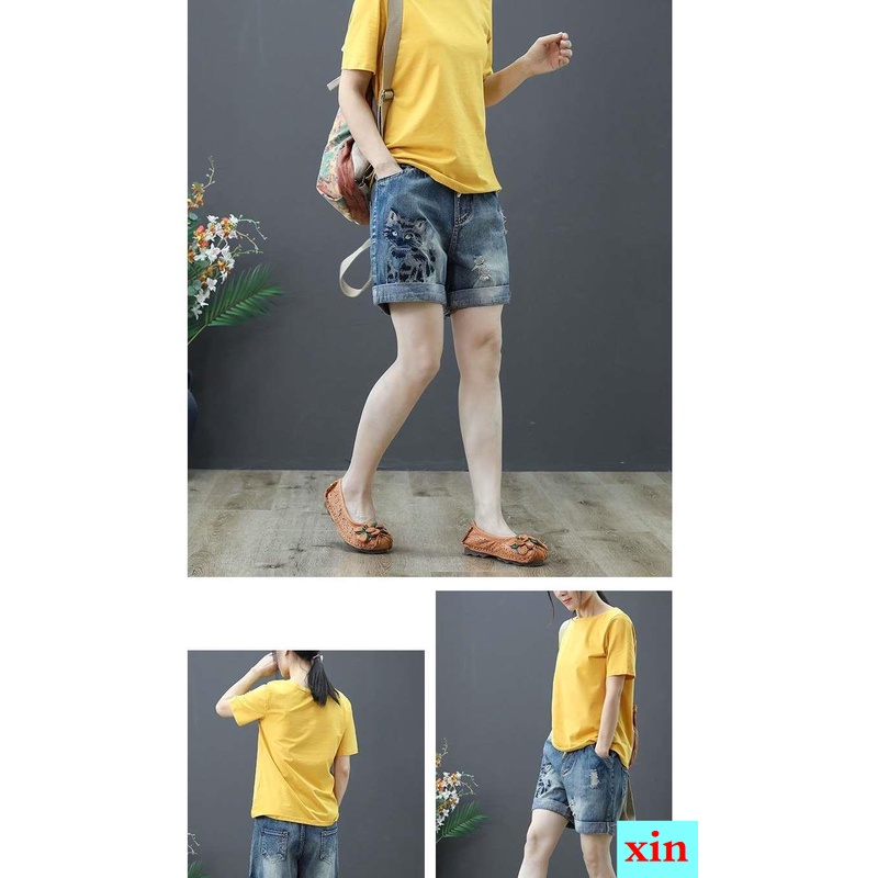 Quần Short Denim Lưng Thun Thêu Hình Bướm Phong Cách Mới Mùa Hè Cho Nữ
