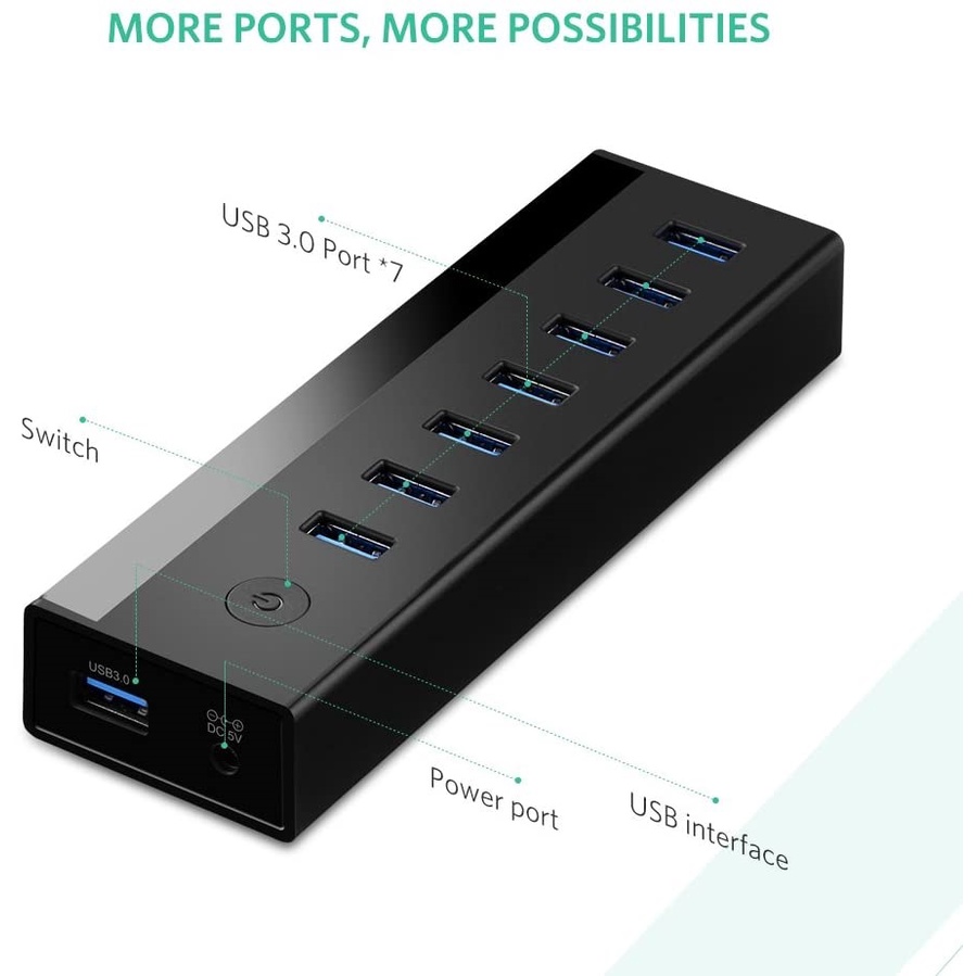 Hub USB 3.0 bộ chia 7 cổng USB 3.0 Ugreen 30845 US219 hỗ trợ Nguồn DC 5V/2A - Bảo hành chính hãng 18 tháng