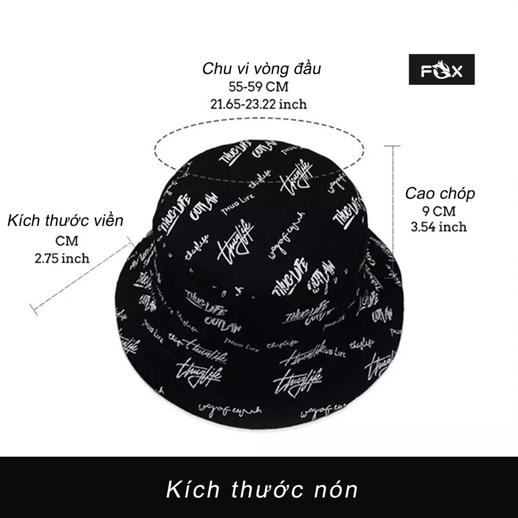 Mũ bucket nam nữ THE FOX nón tai bèo vành ngắn họa tiết THUGLIFE đen trắng