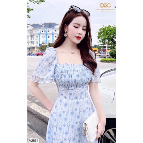 V2654 váy voan xanh hoa nhí