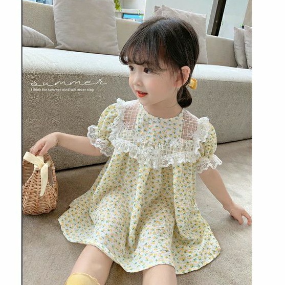 Đầm Tiểu Thư Hoa Nhí Phong Cách Hàn Quốc, Cổ Viền Ren Cao Cấp Tay Bồng , Dáng Baby Doll