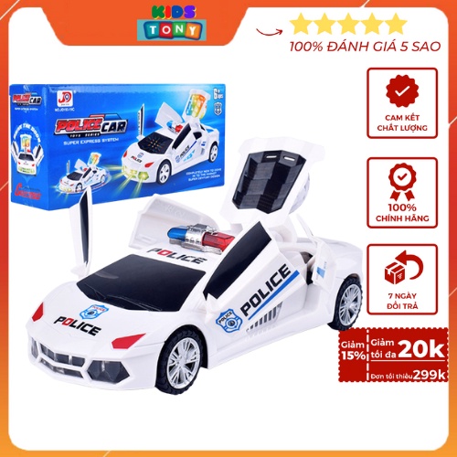 Đồ chơi ô tô cảnh sát biến hình tự động nâng hạ cửa cốp có đèn nhạc, xoay 360 độ