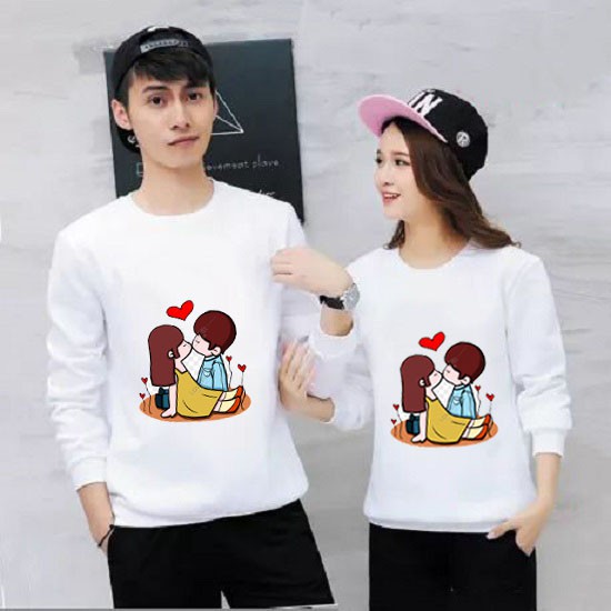 Áo Cặp Đôi Hot Nam Nữ Thu Đông Siêu Xinh Cute Dài Bo Tay Chất Liệu Da Cá In 3D Dễ Thương Hai Người Hôn Nhau - MEO0620