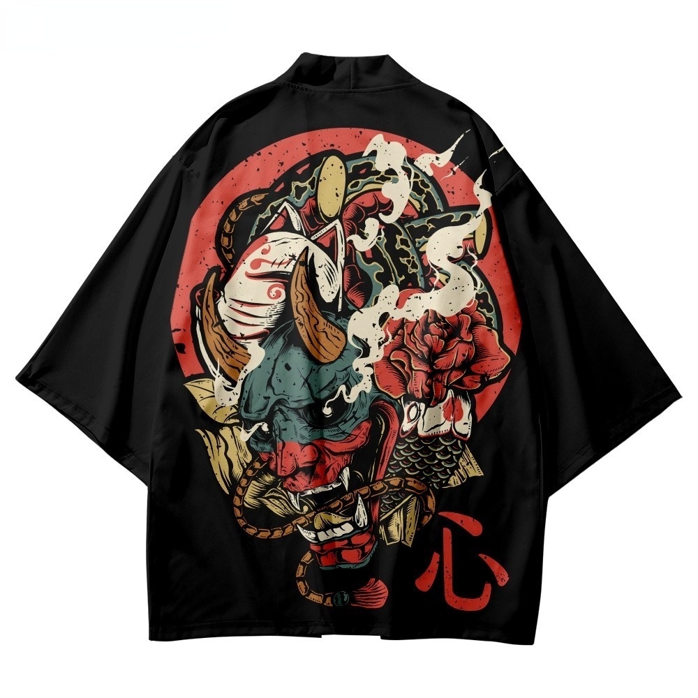 Áo Khoác Kimono Truyền Thống In Hình Quỷ Màu Đen Phong Cách Nhật Bản Cho Nam Và Nữ