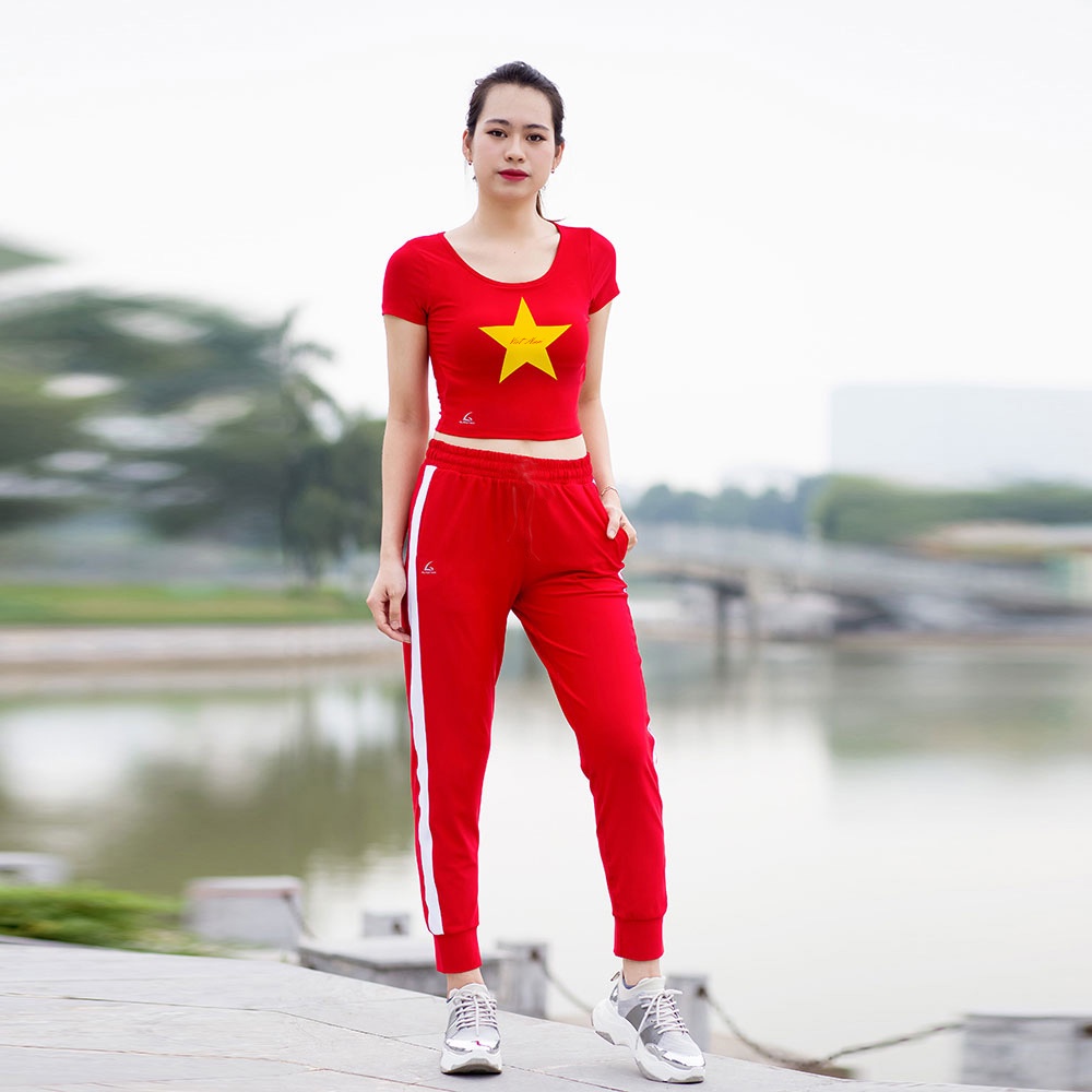 Set đồ tập đồng diễn Zumba, yoga, aerobics (Jogger - Croptop Cộc tay sao vàng có đệm ngực)