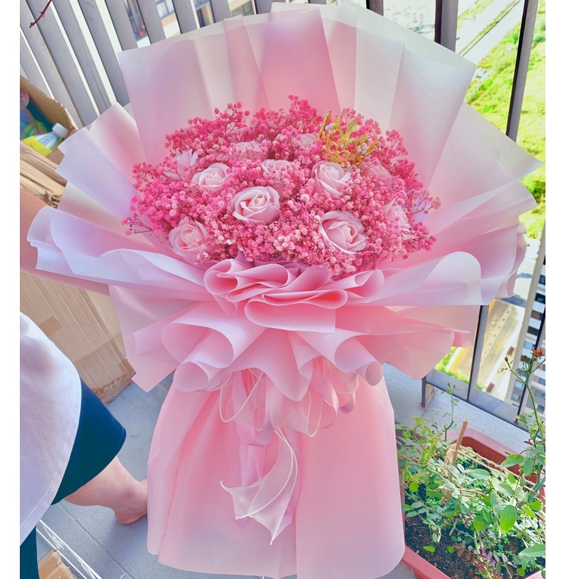 Bó hoa sáp kết hợp baby hồng tông màu nhẹ nhàng xinh xắn