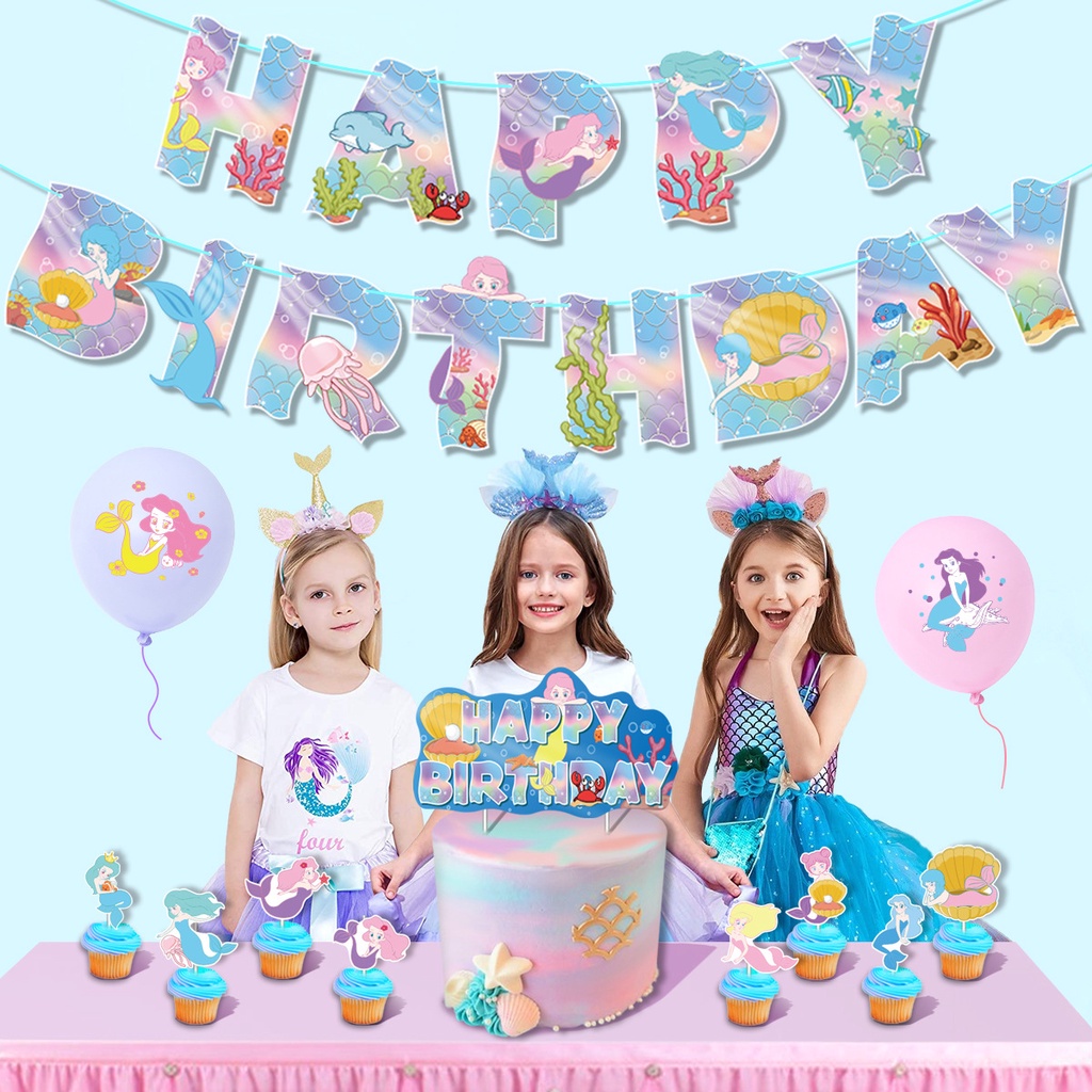 1 Set Banner Trang Trí Bánh Kem Chủ Đề Nàng Tiên Cá Biển