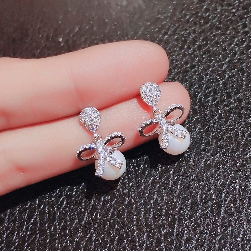 Khuyên tai bạc JIUDUOLAN đính nơ ruy băng kim cương nhân tạo thanh lịch thời trang cho nữ