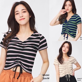 Áo thun tăm kẻ ngang ngắn tay nữ rút dây xinh xắn của GU - Nhật