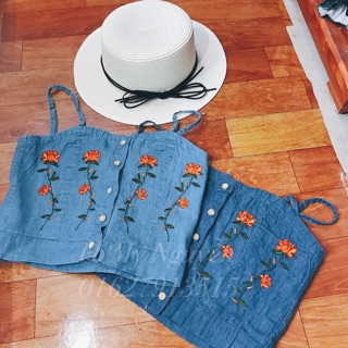 Áo 2 dây jeans thêu hoa QC