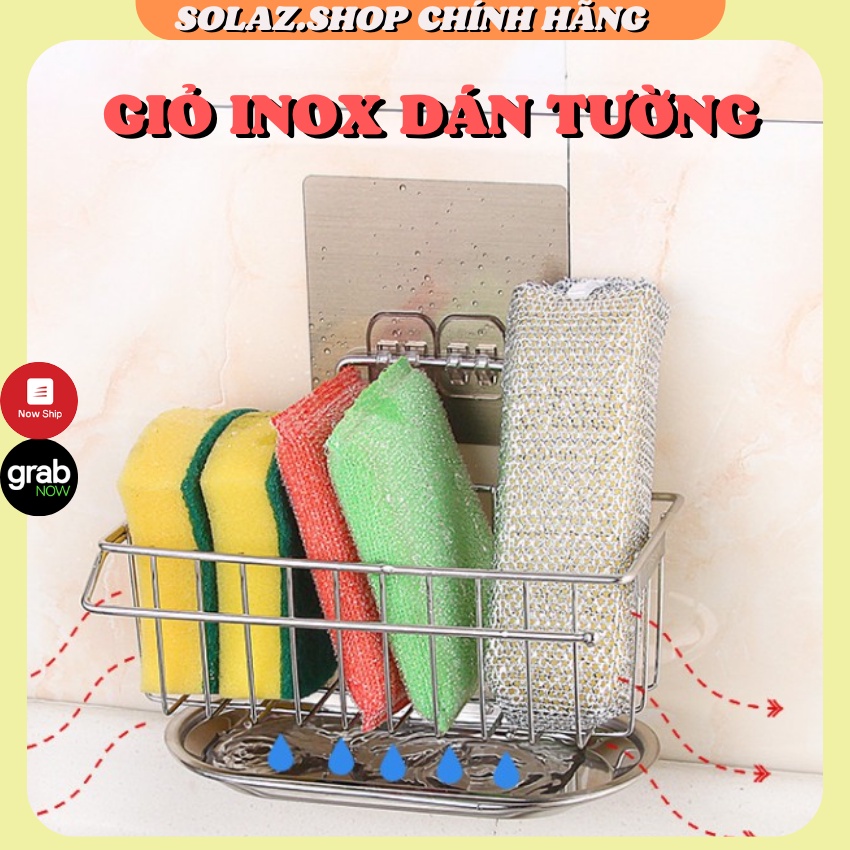 - Kệ Giỏ Inox Dán Tường Đựng Đồ Rửa Chén Bát Đa Năng Có Khay Hứng Nước Và Thanh Treo Khăn