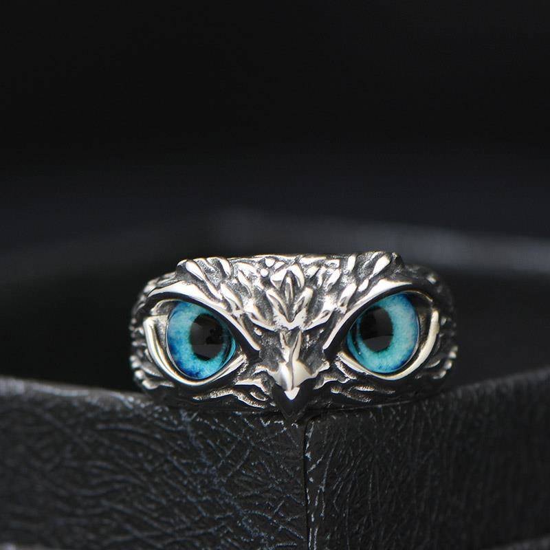 "Owl" Nhẫn bạc châu Âu và Mỹ Retro Owl Own Ring 925 Bạc sáng tạo Nhẫn nữ phóng đại