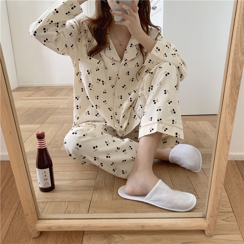 Bộ Đồ Ngủ Tay Dài Dáng Rộng In Hình Quả Cherry Dễ Thương Phong Cách Hàn Quốc Thời Trang Xuân Thu Cho Nữ | BigBuy360 - bigbuy360.vn