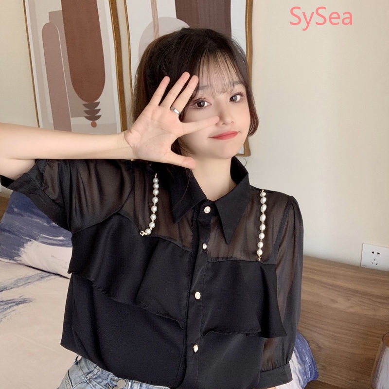 Áo sơ mi nữ tay ngắn đính ngọc trai giả phong cách Pháp thời trang mùa hè
