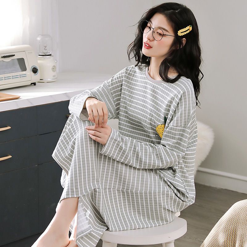 Đầm Ngủ Cotton Tay Dài Dáng Rộng Thời Trang Xuân Thu 2021 Cho Nữ
