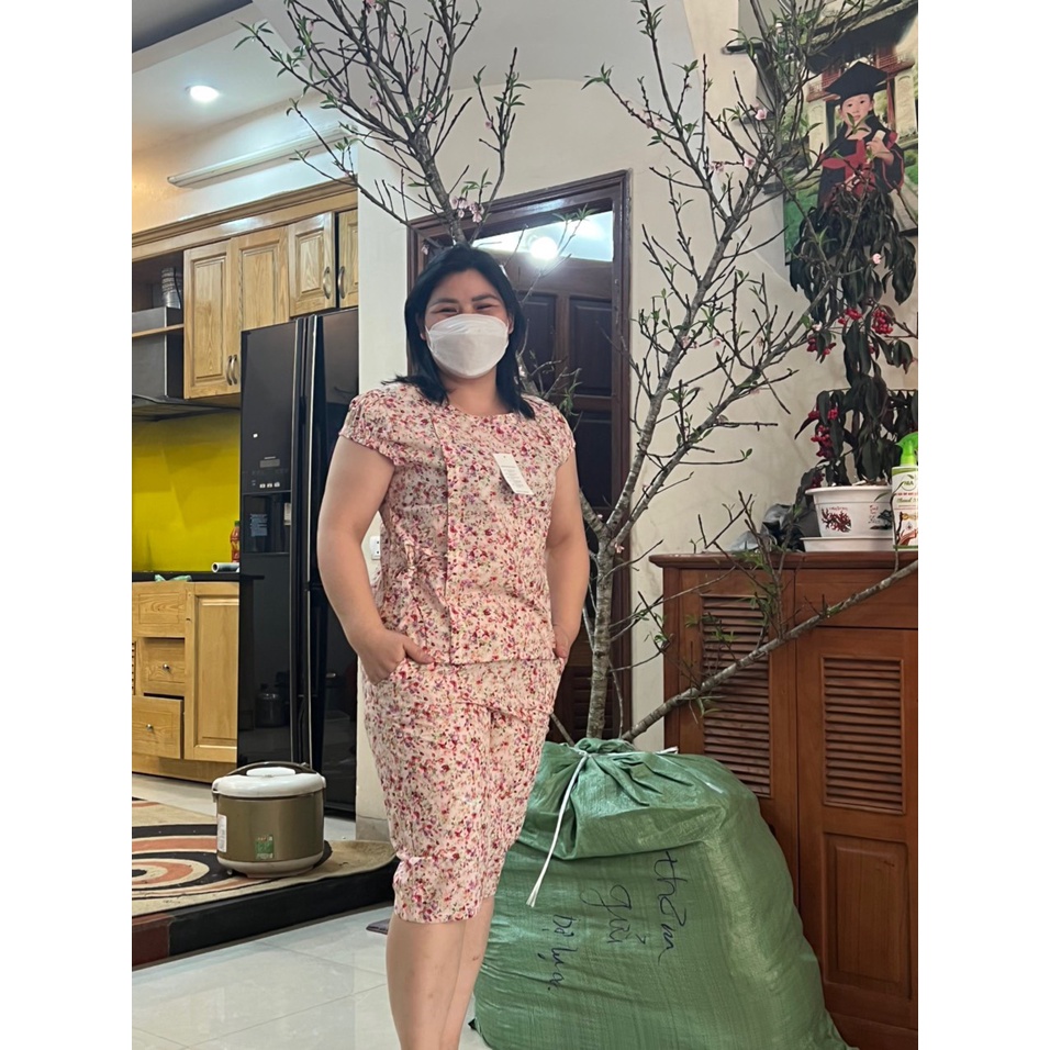 Bộ lanh ngố nữ cánh tiên, Bộ lanh quần lửng hoa nhí cổ bèo lên dáng chất mát
