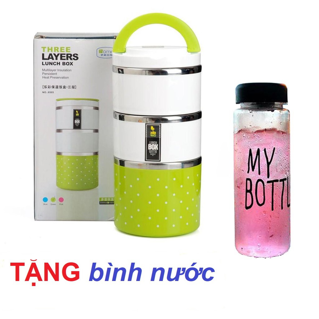 Cặp lồng giữ nhiệt 3 tầng - tặng bình nước thủy tinh 500ml