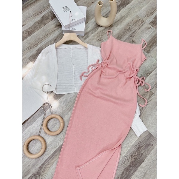 SÉT ĐẦM HỒNG RÚT DÂY KÈM KHOÁC