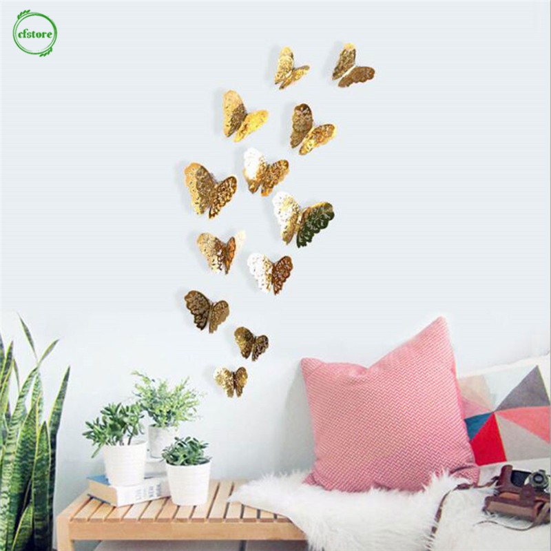 CF 12Pcs/lot 3D 4 Colors Hollow Butterfly Wall Stickers Living Room Bedroom Stickers Home Decor