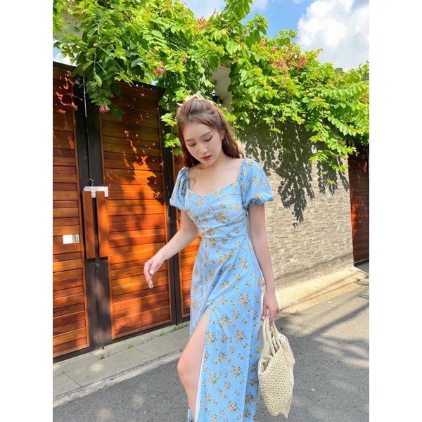(Ảnh thật) Đầm Váy Xanh Feelfree Cổ Vuông Dáng Dài 2 Lớp Xẻ Tà Mặc Đi Chơi Đi Tiệc D3083 bn
