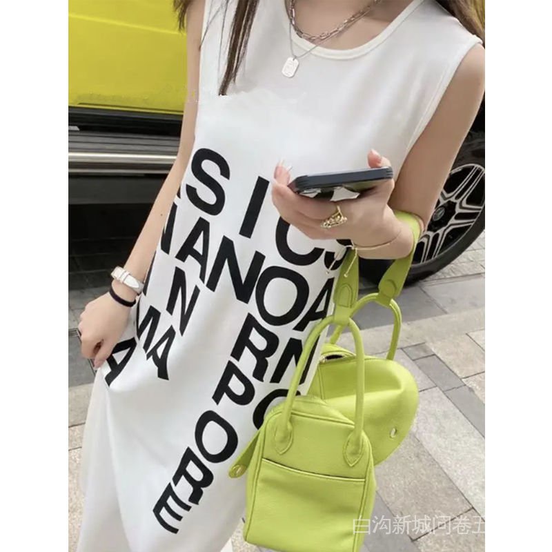 Đầm Thun Không Tay Dáng Dài Xẻ Tà In Chữ Thời Trang Mùa Hè Hong Kong Cho Nữ