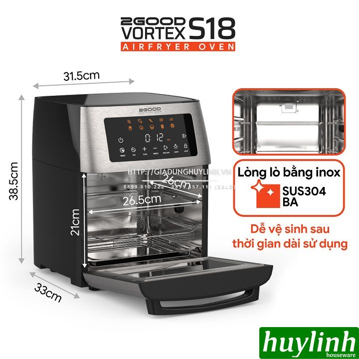 [Mã ELHAMS5 giảm 6% đơn 300K] Nồi chiên không dầu điện tử 2Good Vortex S18 - 15 lít - Tặng găng tay - 10 chức năng