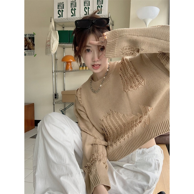 QKOOLE  Áo sweater Dệt Kim Tay Dài Dáng Rộng Màu Sắc Ngọt Ngào Phong Cách Hàn Quốc Thời Trang Cho Nữ