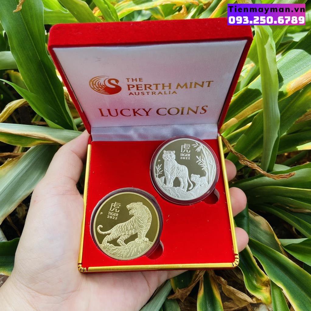 Combo tiền xu con Hổ vàng bạc + tặng kèm hộp nhung đỏ sang chảnh, Quà Tết 2022